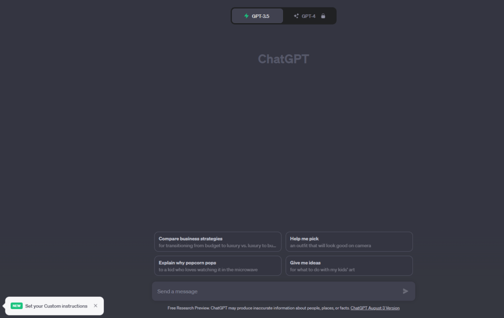 chat gpt main screen